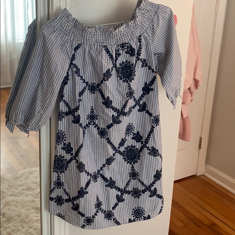 Seersucker off the shoulder dress!